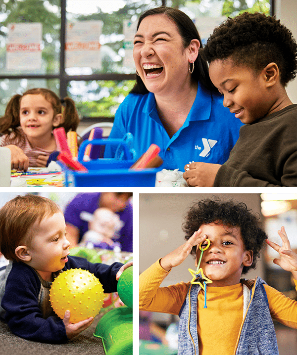 Collage de preescolar con personal y niños jugando.