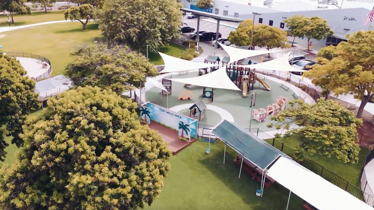 drone shot of toby wells ymca park and facility