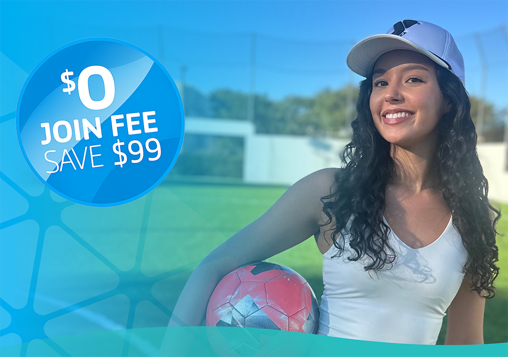 woman with soccer ball and 0 join fee offer